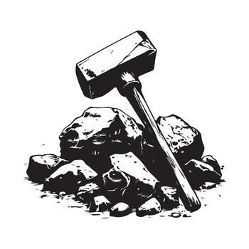 Rock Hammer and Chisel Placed on Rough Stones for Mining Work vector