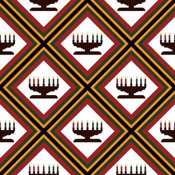Geometric Kwanzaa pattern featuring a repeat design with a seven-branched candleholder and a decorative repeating background design. This image is perfect for use in design vector