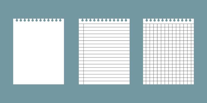 Set of Realistic lined notepapers. Grid page notebook with margin. Set of torn sheet of paper from a workbook with shadow, pads paper sheets. illustration. vector