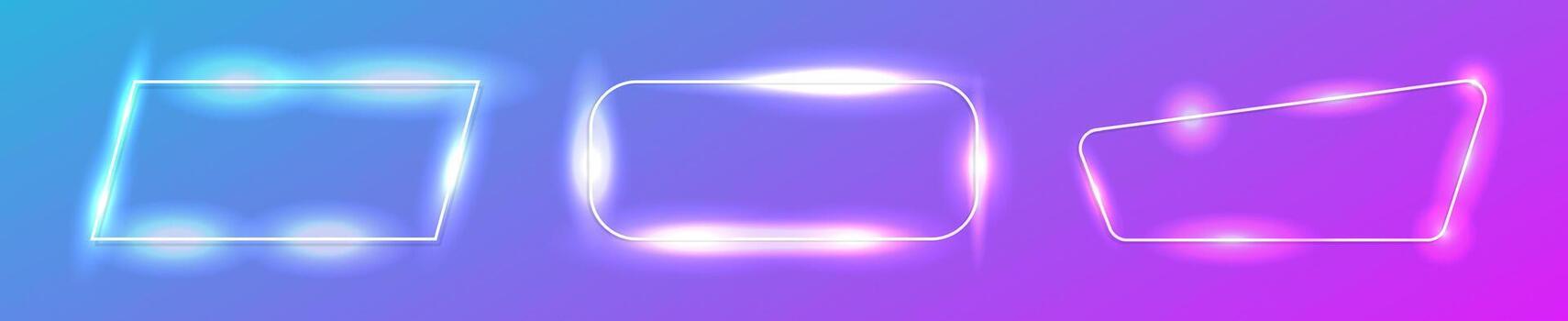 Set of three neon frames with shining effects on blue backdrop vector