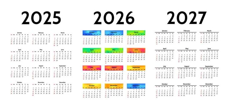 Set of three calendars for 2025, 2026 and 2027 on a white background vector
