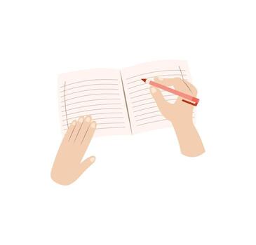 Hands writing in a notebook Illustration, a student writes in a school notebook vector