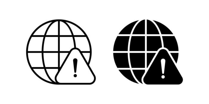 global advertencia icono colocar. sencillo y moderno línea Arte ilustración de un globo con un advertencia firmar, representando Internet seguridad, sitio web error, o conexión asuntos. vector