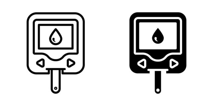 Glucometer icon set. Minimalist illustration of a glucometer device in line art style, with a blood drop symbol on the screen. Representing diabetes testing and blood sugar level monitoring. vector
