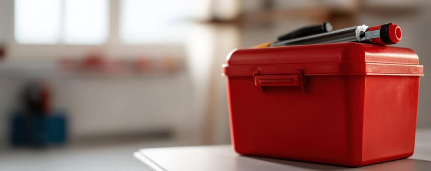 Red toolbox with tools on table workshop background photo