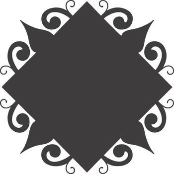 A decorative black graphic featuring a diamond shape at the center, surrounded by swirling ornate patterns extending from each corner vector