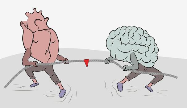 Abstraction of struggle. Brains and hearts are a tug of war. Tug of war brain heart. vector