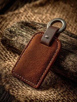 Rustic brown leather keychain with metal ring rests on rough wood and burlap texture background photo
