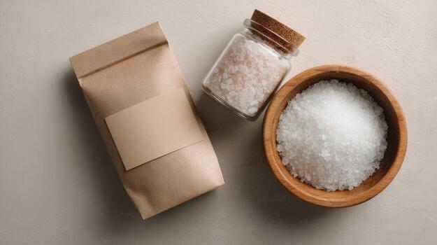 Salt crystals are displayed in wooden bowl with jar and bag on neutral background table photo