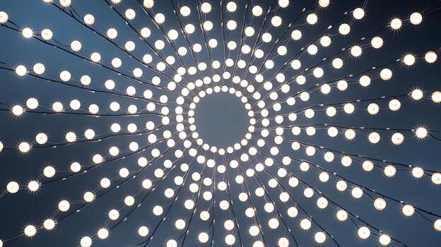 Circular pattern of glowing white string lights against dark blue background abstract bokeh photo
