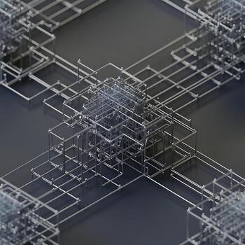 Isometric metallic grid network structure with central cube abstract background photo