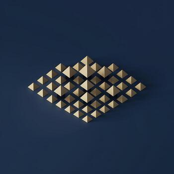 Golden pyramids arrayed in a diamond pattern on a dark blue background abstract geometric photo