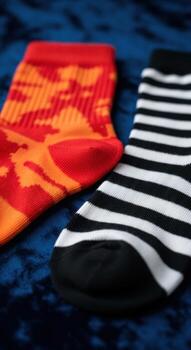 Red and orange patterned sock next to black and white striped sock photo