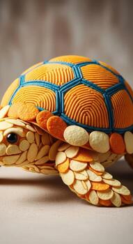 Orange and blue turtle made of textured material and small circular pieces photo