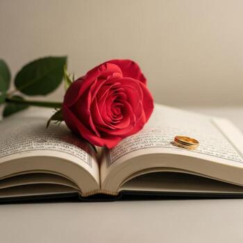Red rose and gold wedding ring on open book with Arabic script photo