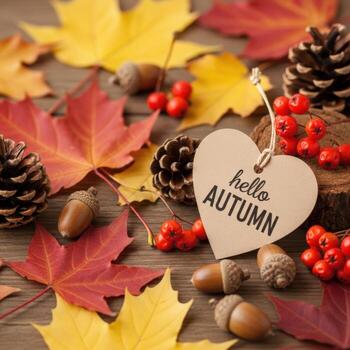 Autumn leaves, acorns, pinecones, and berries with a hello autumn tag photo