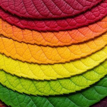 Closeup view of layered leaves showing a spectrum of autumn colors photo