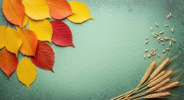 Autumn leaves and wheat stalks on a textured background photo