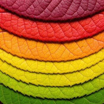 Colorful layered leaves showing a spectrum of autumn colors photo