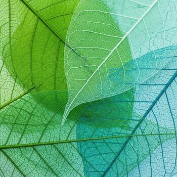 Abstract pattern of overlapping green and blue skeleton leaves photo