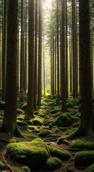 Sunlit forest path with mosscovered rocks and trees photo