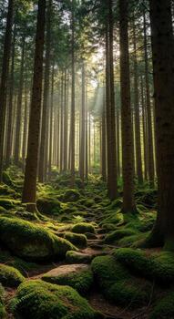 Vertical view of sunlight in a mossy forest photo