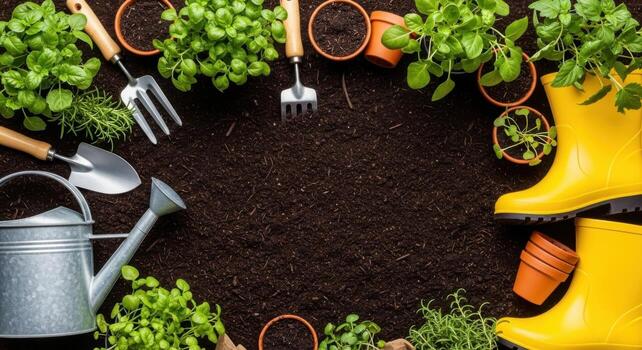 Gardening tools and supplies arranged around a frame of soil photo