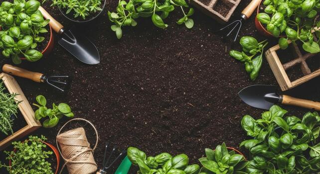 Gardening tools and seedlings arranged around a frame of soil photo