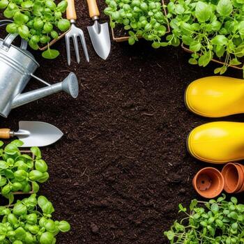 Gardening tools and plants arranged on dark soil with copy space photo