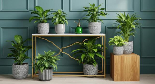 Collection of indoor plants displayed on a console table and stand photo