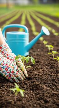 Gardener planting a tomato seedling in the soil with a watering can photo