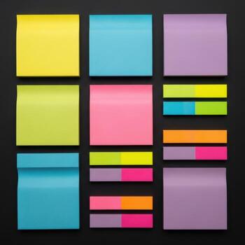 Colorful sticky notes arranged in a grid on a black background photo