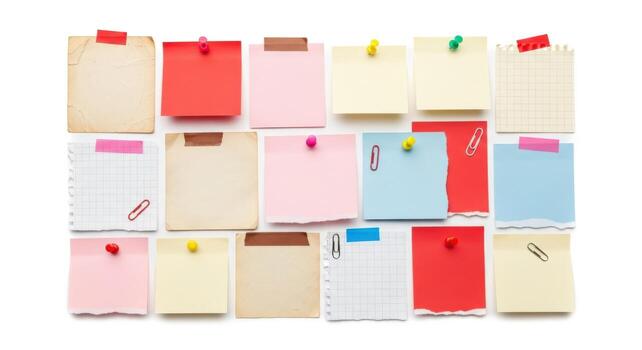 Assorted sticky notes with clips and pins isolated on white background photo