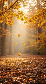 Golden autumn forest path with falling leaves and sunbeams photo