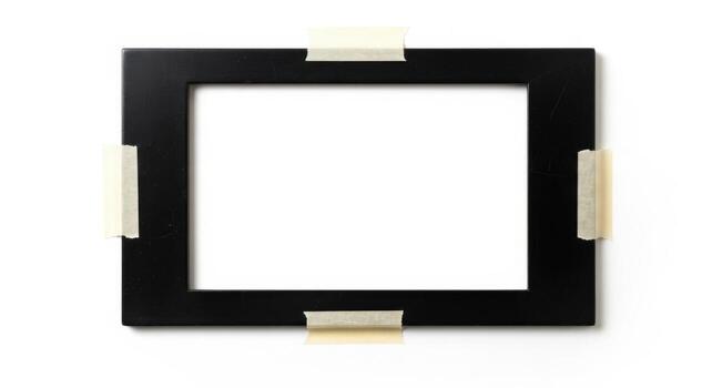 Black rectangular frame with tape isolated on white background photo