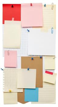 Collection of colorful sticky notes and papers pinned to a board photo