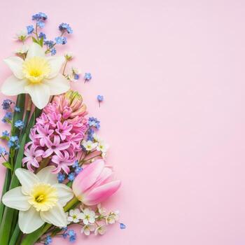 Spring floral arrangement with tulips, daffodils, and hyacinth on pink background photo