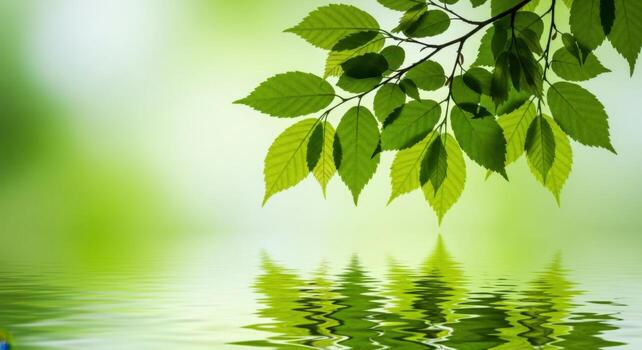 Green leaves reflecting in calm water with a soft, blurred background photo