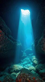 Sunlight streams into a dark underwater cave with rocky formations photo