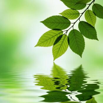 Vibrant green leaves reflecting on calm water surface with soft light photo