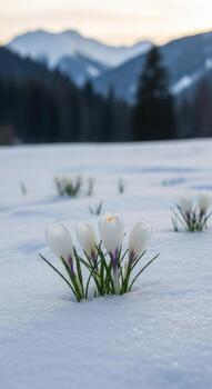 White crocuses emerge from the snow in a mountain meadow photo