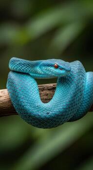 A vibrant blue viper snake coiled on a tree branch in the jungle photo