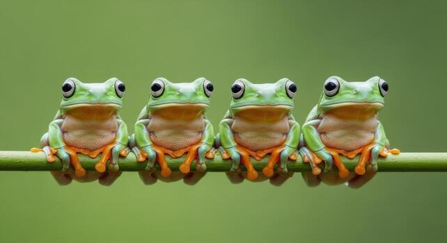 Four Green Tree Frogs Perched on a Branch Against a Green Background photo