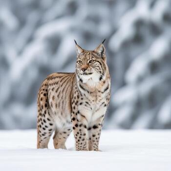 Lynx standing in a snowy forest during winter photo