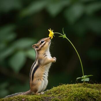 A cute chipmunk sniffs a delicate yellow flower in a forest setting photo