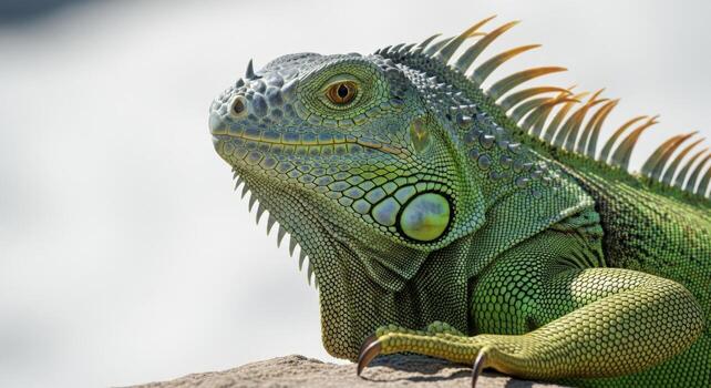 Green iguana reptile with detailed scales and sharp claws photo