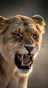 Close up portrait of an angry lioness showing her teeth and gums photo