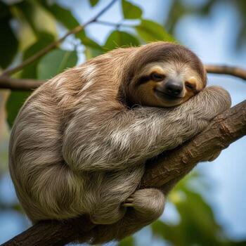 A sleepy sloth rests comfortably on a tree branch surrounded by leaves photo