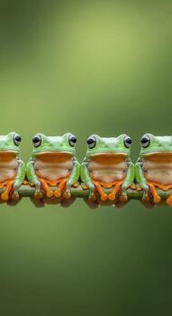 cuatro verde árbol ranas encaramado en un rama en contra un verde antecedentes 1 foto