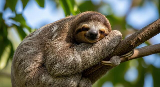 A threetoed sloth rests peacefully on a tree branch in the jungle photo